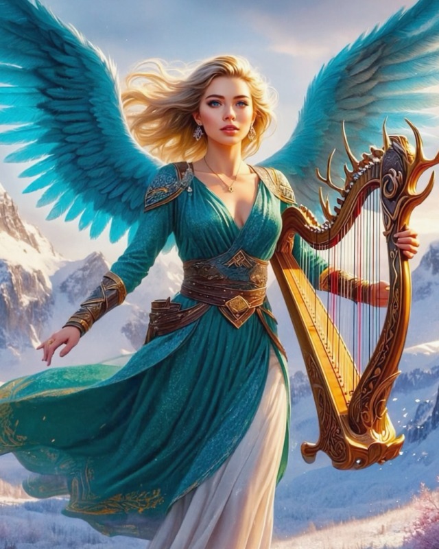 Amsariah depicted as a winged figure with long blond hair, wings of turquoise plumage, a teal and gold gown with armored shoulder pieces, holding a large gold harp with antler-like tines.